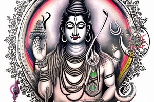 Lord shiva with hole universe and shiva mantra writen on sanskrit and multi colours tattoo idea