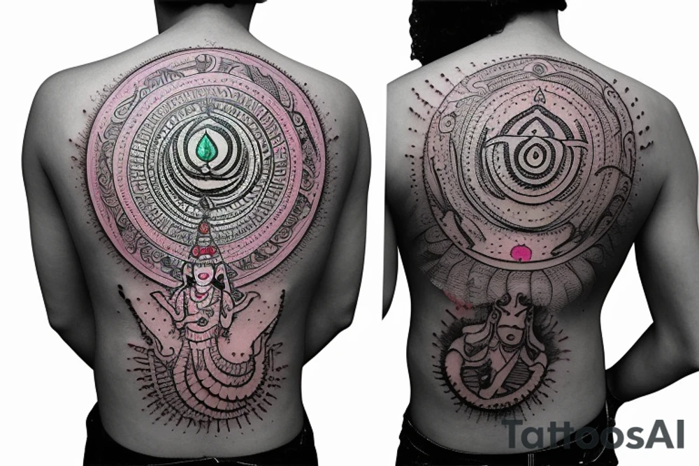 Lord shiva with hole universe and shiva mantra writen on sanskrit and multi colours tattoo idea
