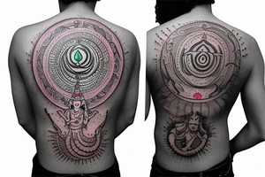 Lord shiva with hole universe and shiva mantra writen on sanskrit and multi colours tattoo idea