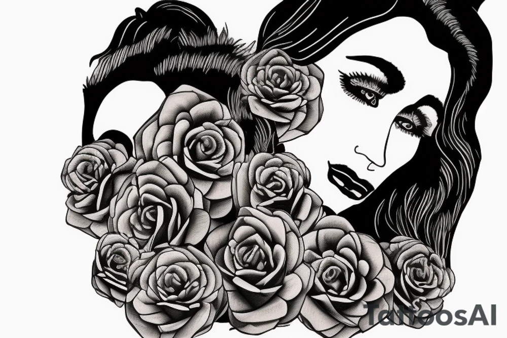 Woman wearing gorilla fur. Background roses and wolf tattoo idea