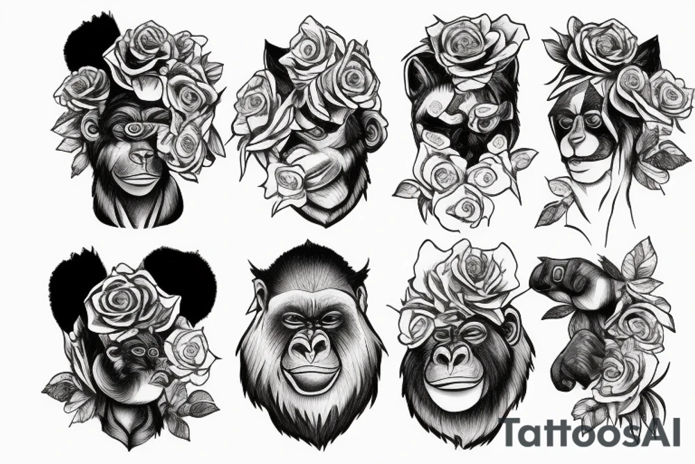 Woman wearing gorilla fur. Background roses and wolf tattoo idea