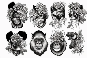 Woman wearing gorilla fur. Background roses and wolf tattoo idea