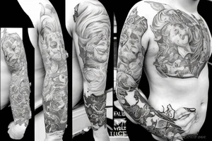 A male cherub covering it's eyes with his arm tattoo idea