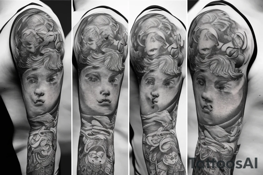 A male cherub covering it's eyes with his arm tattoo idea