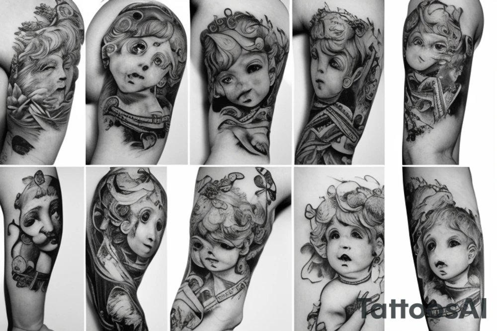 A male cherub covering it's eyes with his arm tattoo idea