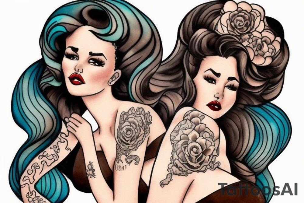 Fat brown pin up woman dressed like Ursula with curly hair tattoo idea