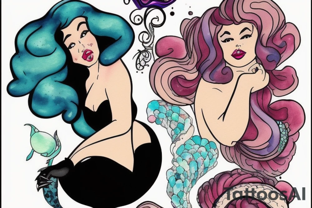 Plus size Black pin up girl with curly hail dressed like Ursula from Disney Little Mermaid tattoo idea