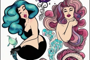 Plus size Black pin up girl with curly hail dressed like Ursula from Disney Little Mermaid tattoo idea