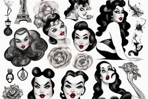 Plus size Black pin up girl with curly hail dressed like a Disney villain tattoo idea