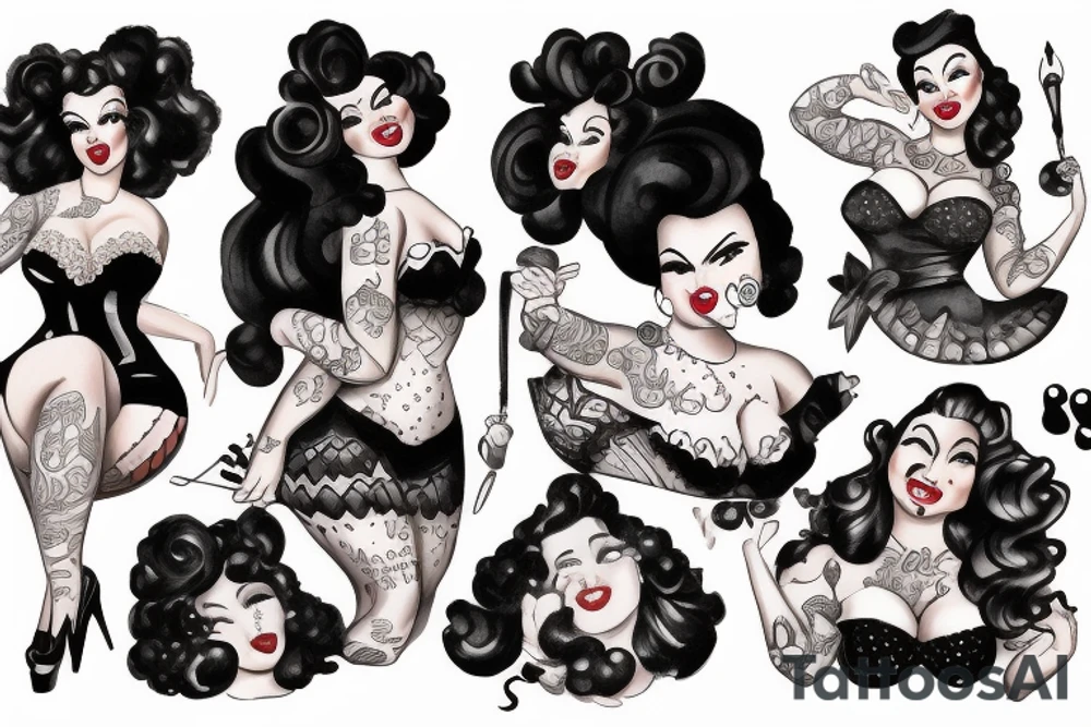 Plus size Black pin up girl with curly hail dressed like a Disney villain tattoo idea
