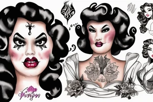 Plus size Black pin up girl with curly hair dressed like a Disney villain tattoo idea