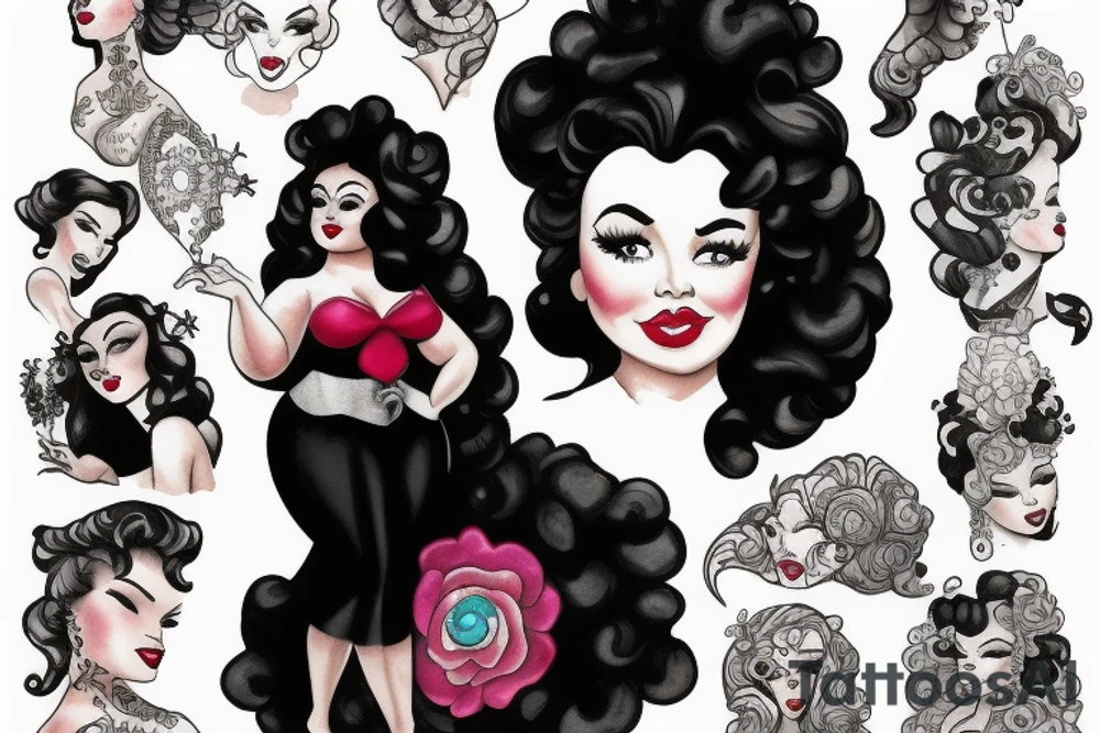 Plus size Black pin up girl with curly hair dressed like a Disney villain tattoo idea