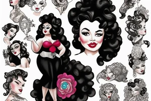 Plus size Black pin up girl with curly hair dressed like a Disney villain tattoo idea