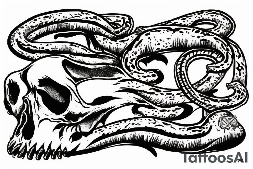 water moccasin and skull without jaw in a marsh environment tattoo idea
