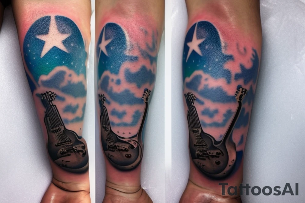 Memorial guitar upright in clouds surrounded by whisps of green light and music notes in a starry sky tattoo idea