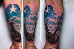 Memorial guitar upright in clouds surrounded by whisps of green light and music notes in a starry sky tattoo idea