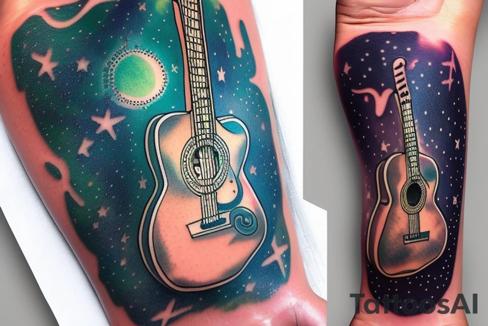 Memorial guitar upright in clouds surrounded by whisps of green light and music notes in a starry sky tattoo idea