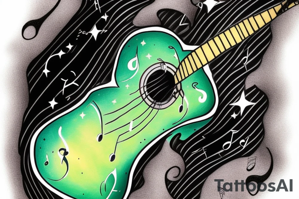 Memorial guitar upright in clouds surrounded by whisps of green light and music notes in a starry sky tattoo idea
