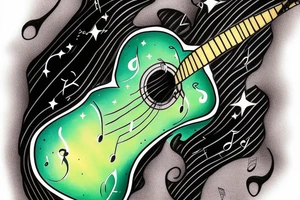 Memorial guitar upright in clouds surrounded by whisps of green light and music notes in a starry sky tattoo idea