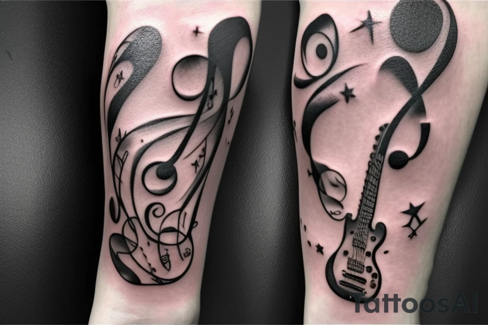 Memorial guitar upright in clouds surrounded by whisps of green light and music notes in a starry sky tattoo idea