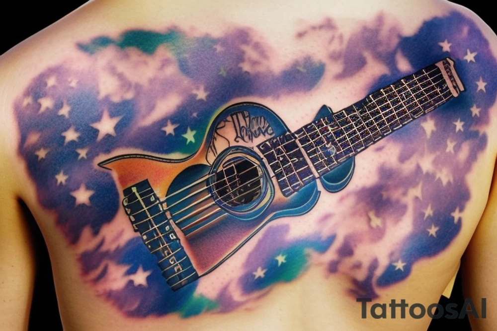 Memorial guitar upright in clouds surrounded by whisps of green light and music notes in a starry sky tattoo idea