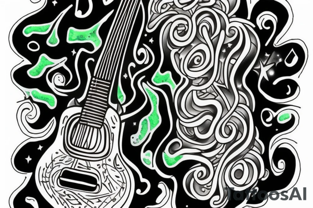 Memorial guitar upright in clouds surrounded by whisps of green light and music notes in a starry sky tattoo idea