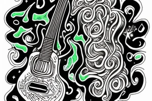 Memorial guitar upright in clouds surrounded by whisps of green light and music notes in a starry sky tattoo idea
