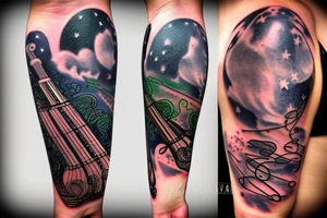 Memorial guitar upright in clouds surrounded by whisps of green light and music notes in a starry sky with fireworks tattoo idea