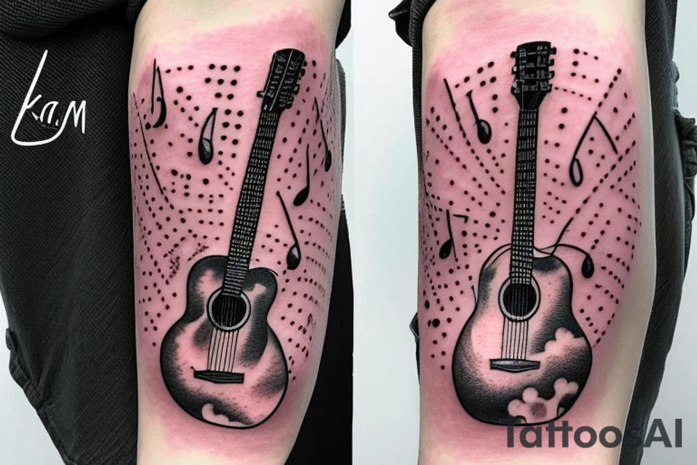 Memorial guitar upright in clouds surrounded by whisps of green light and music notes in a starry sky with fireworks tattoo idea