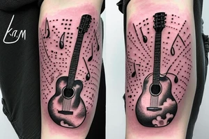 Memorial guitar upright in clouds surrounded by whisps of green light and music notes in a starry sky with fireworks tattoo idea