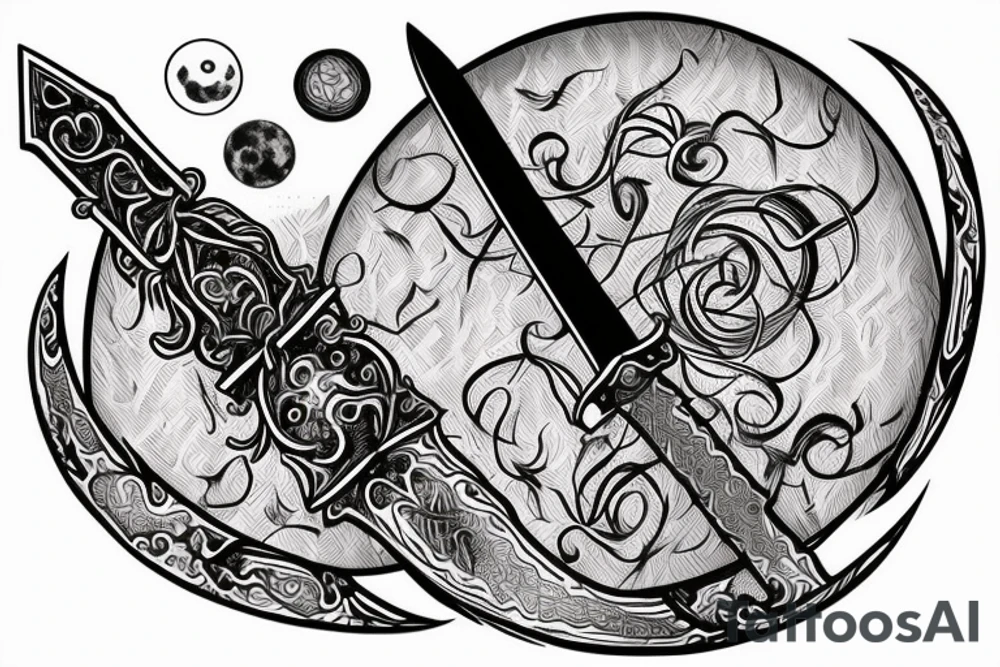 a sword with veins wrapped around it with a moon at the top tattoo idea