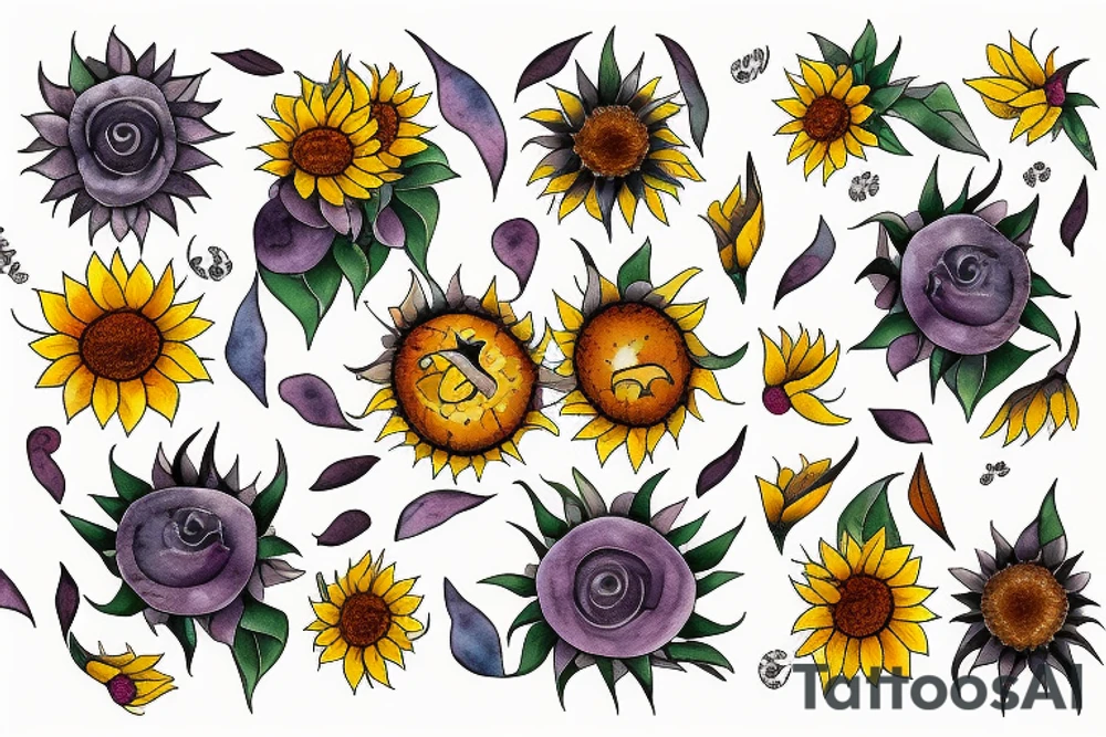 triple moon with sunflower and lily tattoo idea