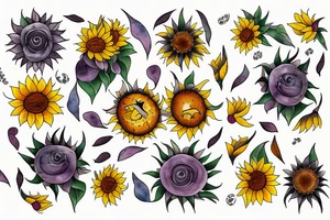 triple moon with sunflower and lily tattoo idea