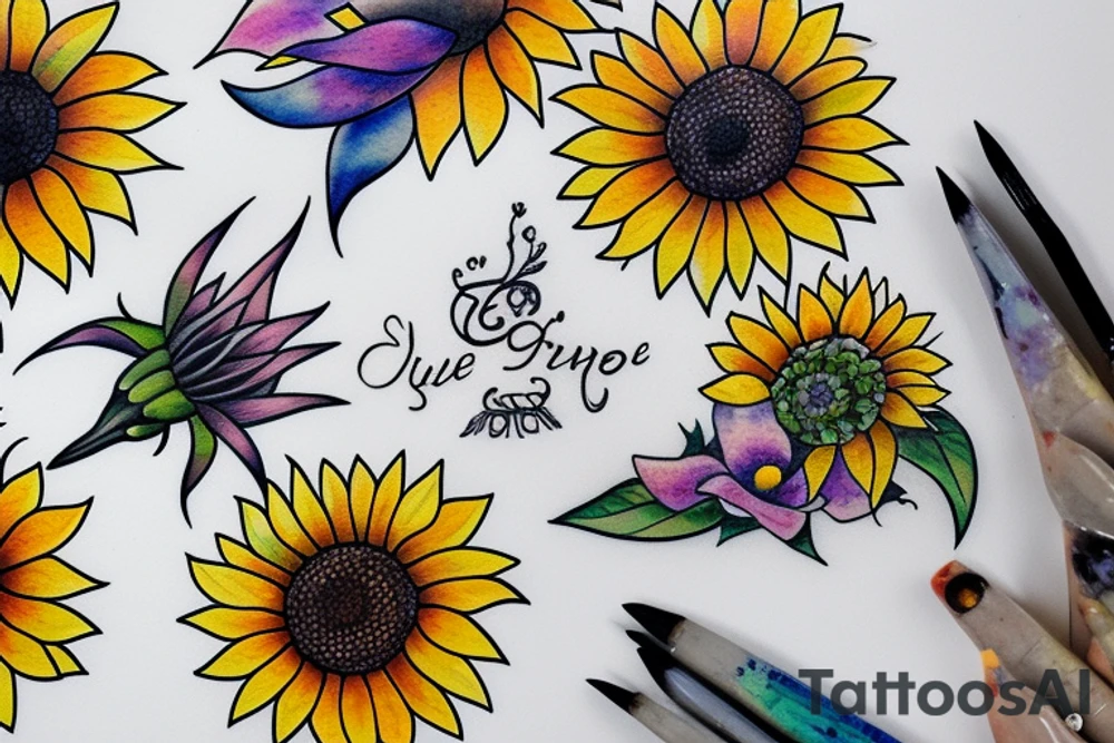 triple moon with sunflower and lily tattoo idea