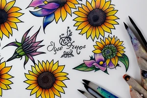 triple moon with sunflower and lily tattoo idea