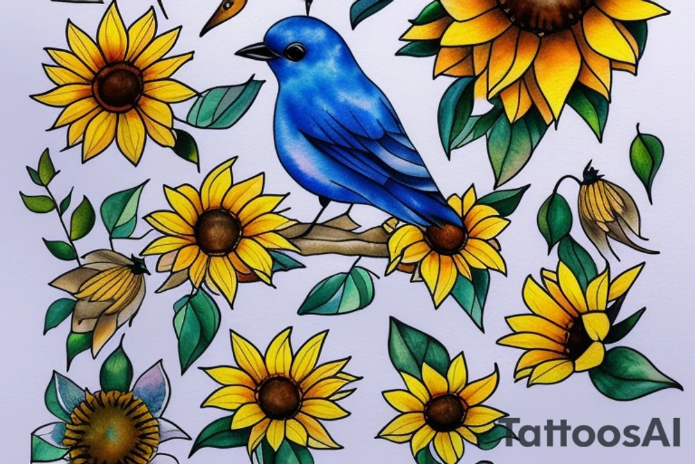 bluebird with sunflower and lily tattoo idea