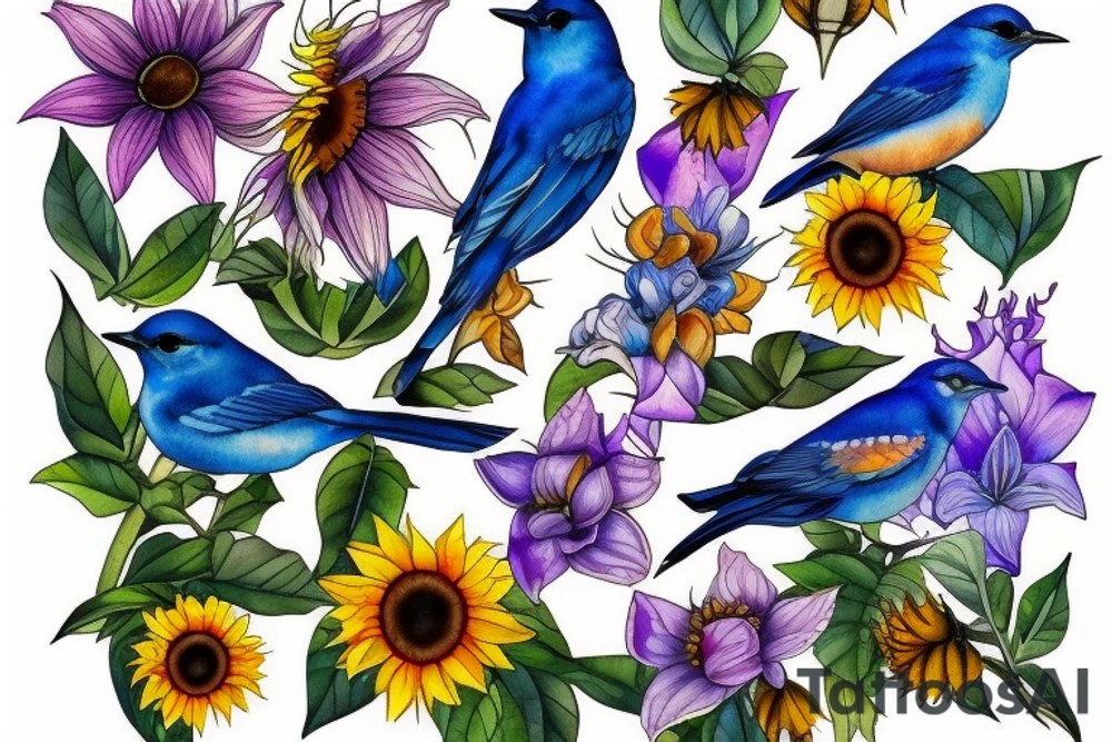 bluebird with sunflower and lily tattoo idea