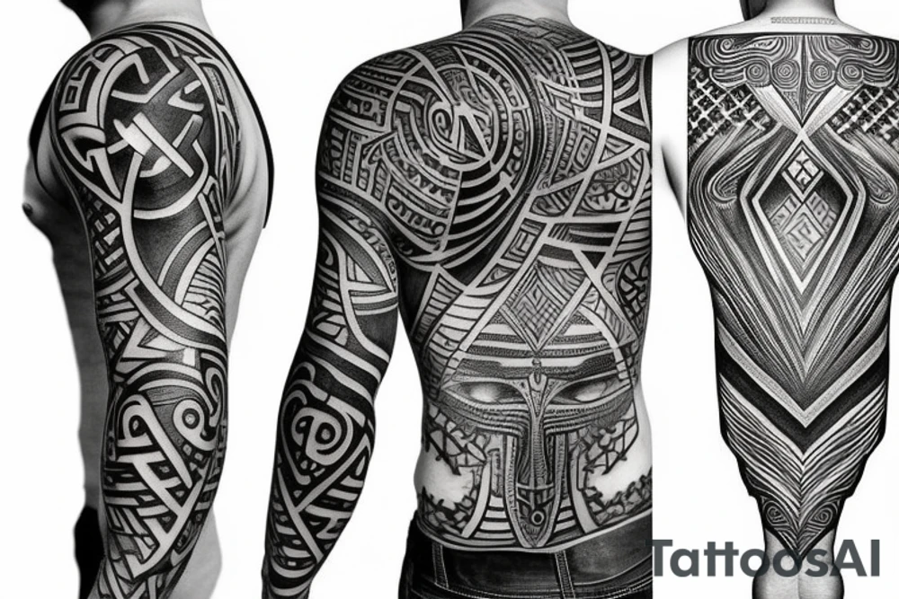 black and white tatto, representing the spiritual process and search for evolution, with some reference to sumerian and anunnaki mithology and other symbols, Rapha Lopes tattoo style tattoo idea