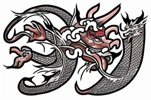Samurai with a cherry blossom in the background and a blue dragon in the top of the tattoo tattoo idea