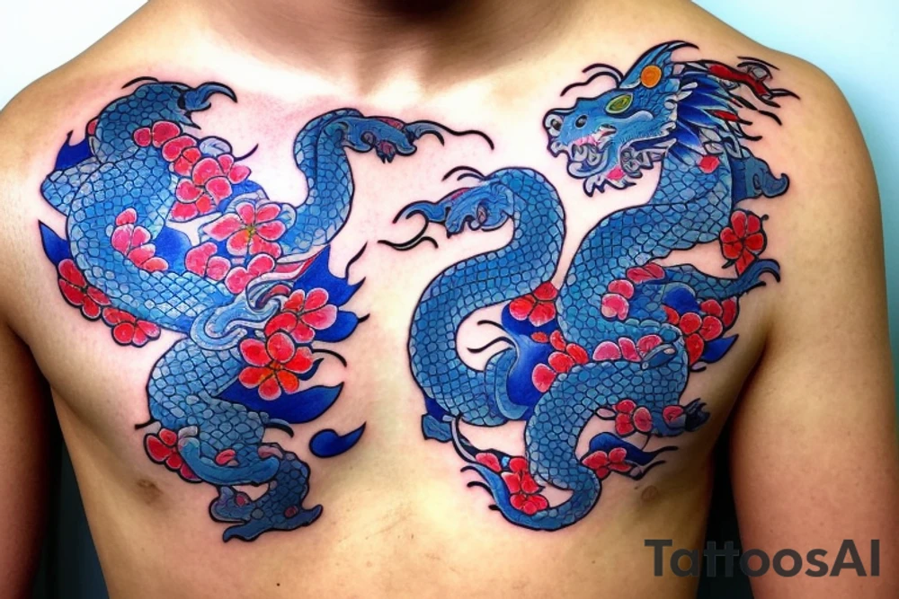 Samurai with a cherry blossom in the background and a blue dragon in the top of the tattoo tattoo idea
