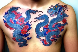 Samurai with a cherry blossom in the background and a blue dragon in the top of the tattoo tattoo idea