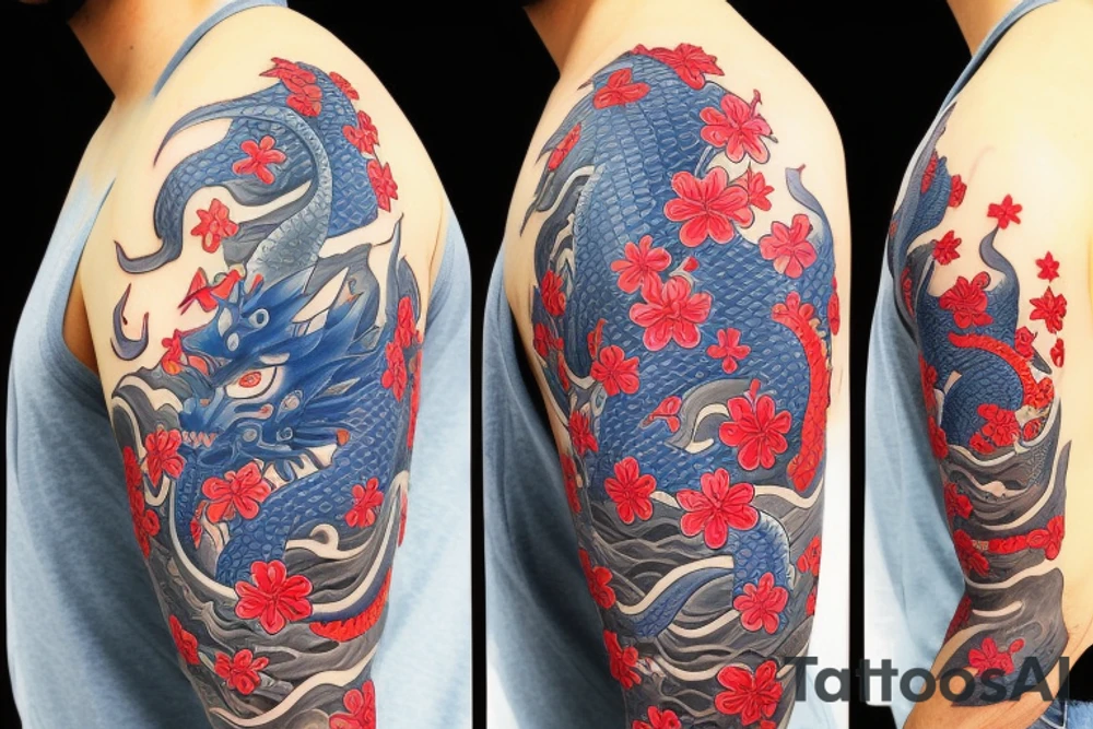 Samurai with a cherry blossom in the background and a blue dragon in the top of the tattoo, tattoo in the arm tattoo idea