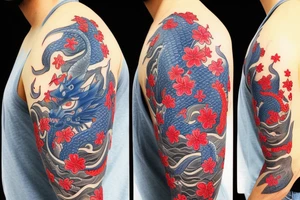 Samurai with a cherry blossom in the background and a blue dragon in the top of the tattoo, tattoo in the arm tattoo idea