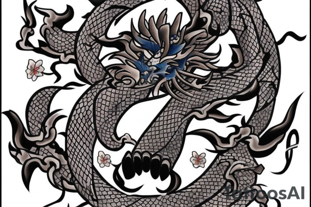 Samurai with a cherry blossom in the background and a blue dragon in the top of the tattoo, tattoo in the arm tattoo idea