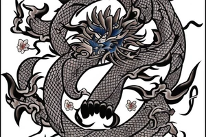 Samurai with a cherry blossom in the background and a blue dragon in the top of the tattoo, tattoo in the arm tattoo idea
