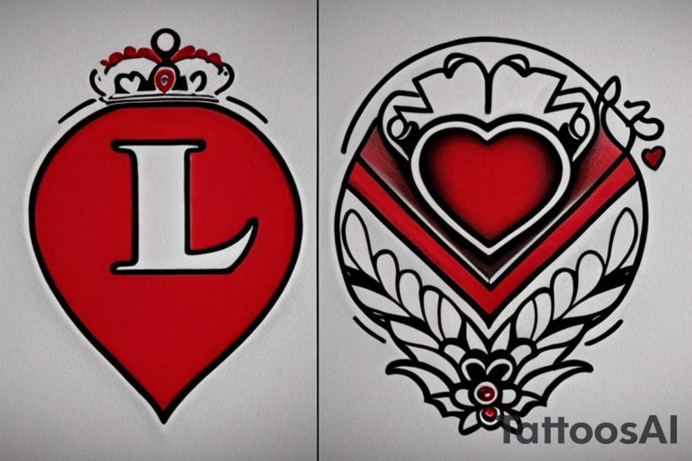 A simple design, in red, using the crown, the heart and the letter K from a pack of cards tattoo idea