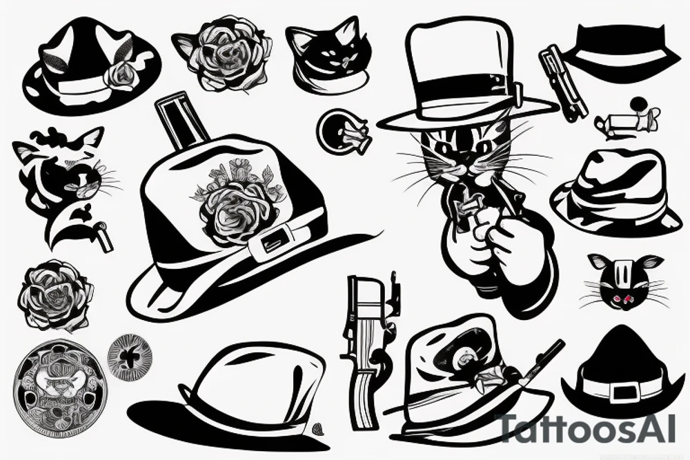 Cat in a hat with gun in mouth tattoo idea