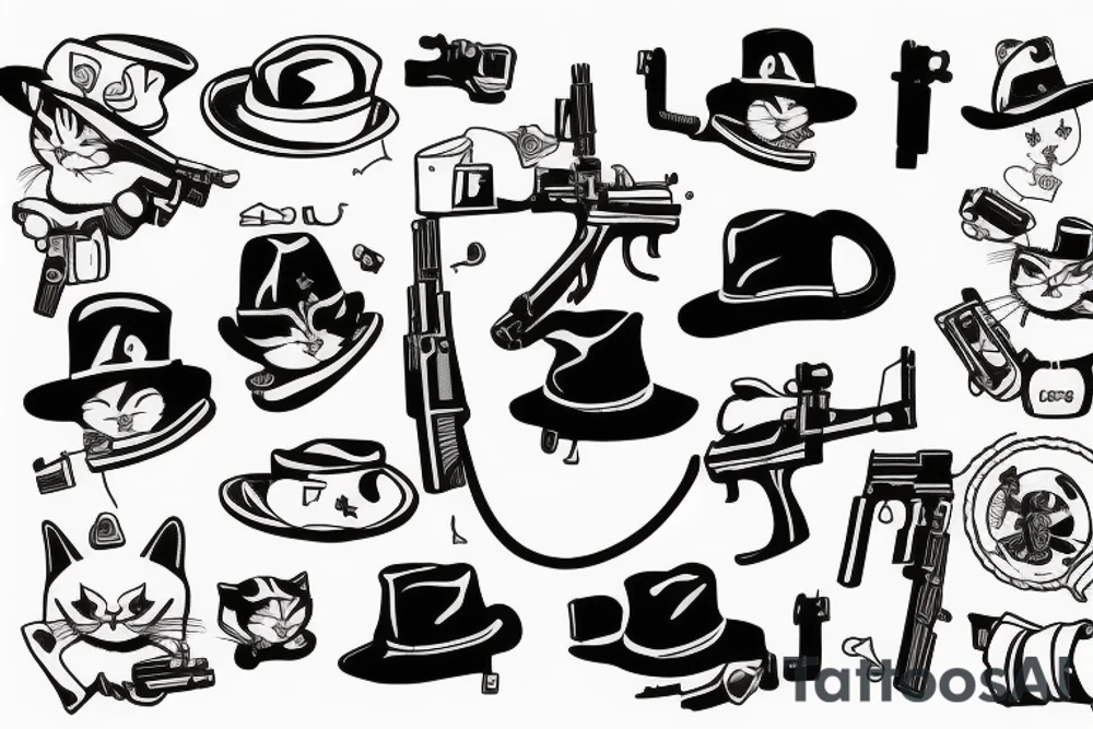 Cat in a hat with gun in mouth tattoo idea