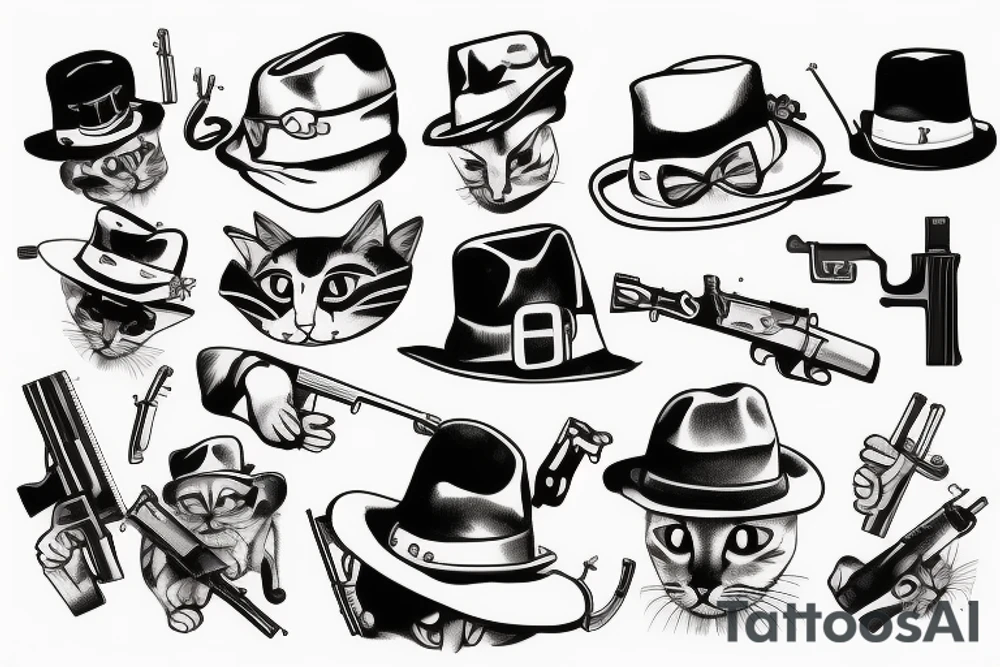 Cat in a hat with gun in mouth tattoo idea
