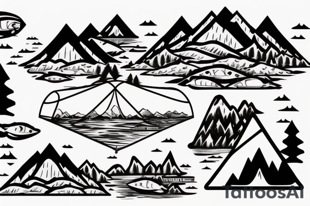 Mountains with a lake where fish are jumping and a tent in the fire ground tattoo idea